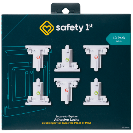 Packaging of Safety 1st adhesive locks with six locks displayed on a dark background.
