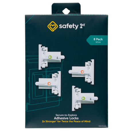 Packaging of Safety 1st adhesive locks with product images on a dark background