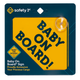 Baby on Board sign with yellow background and black text, displayed in packaging.