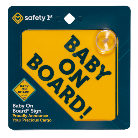Baby on Board sign with yellow background and black text, displayed in packaging.