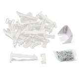 White plastic latch and small metal screws on a white background