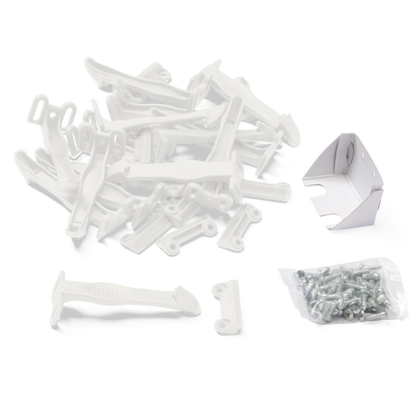 White plastic latch and small metal screws on a white background