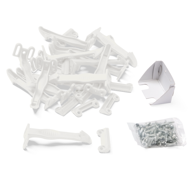 White plastic latch and small metal screws on a white background