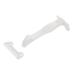 White plastic drawer latch on a white background