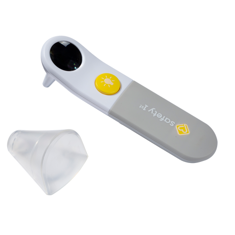 White otoscope with yellow button on a white background