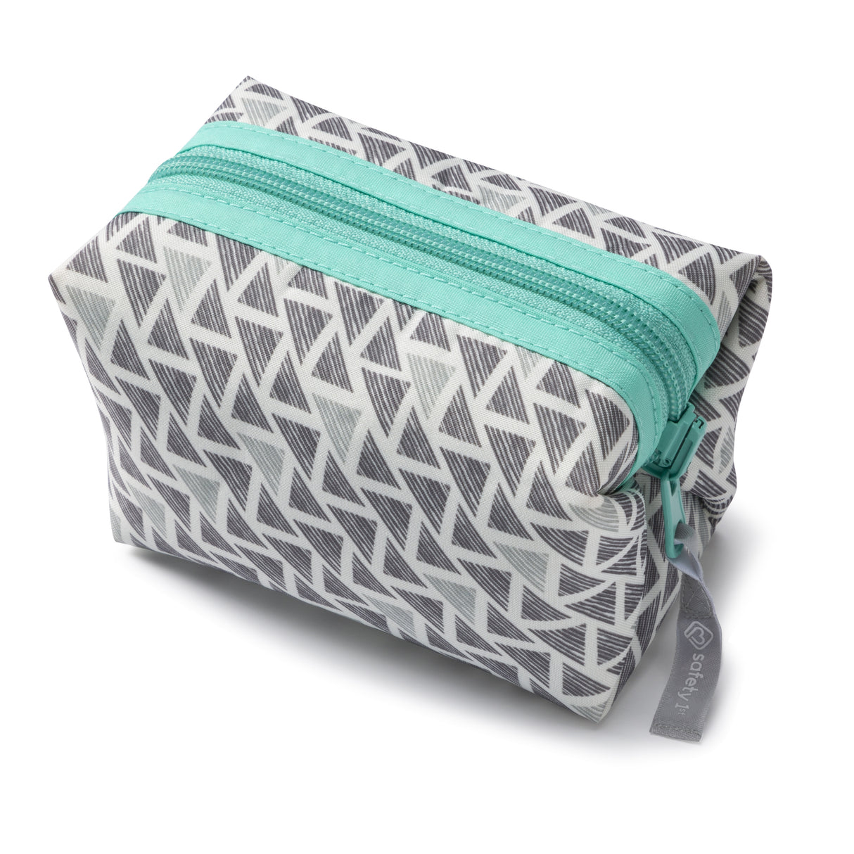 Small pouch with geometric pattern and turquoise zipper on a white background