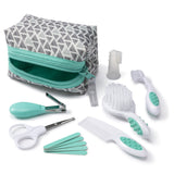 Baby grooming kit with a patterned pouch, brush, comb, scissors, and other tools on a white background.