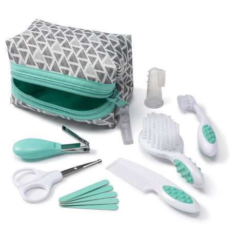Baby grooming kit with a patterned pouch, brush, comb, scissors, and other tools on a white background.