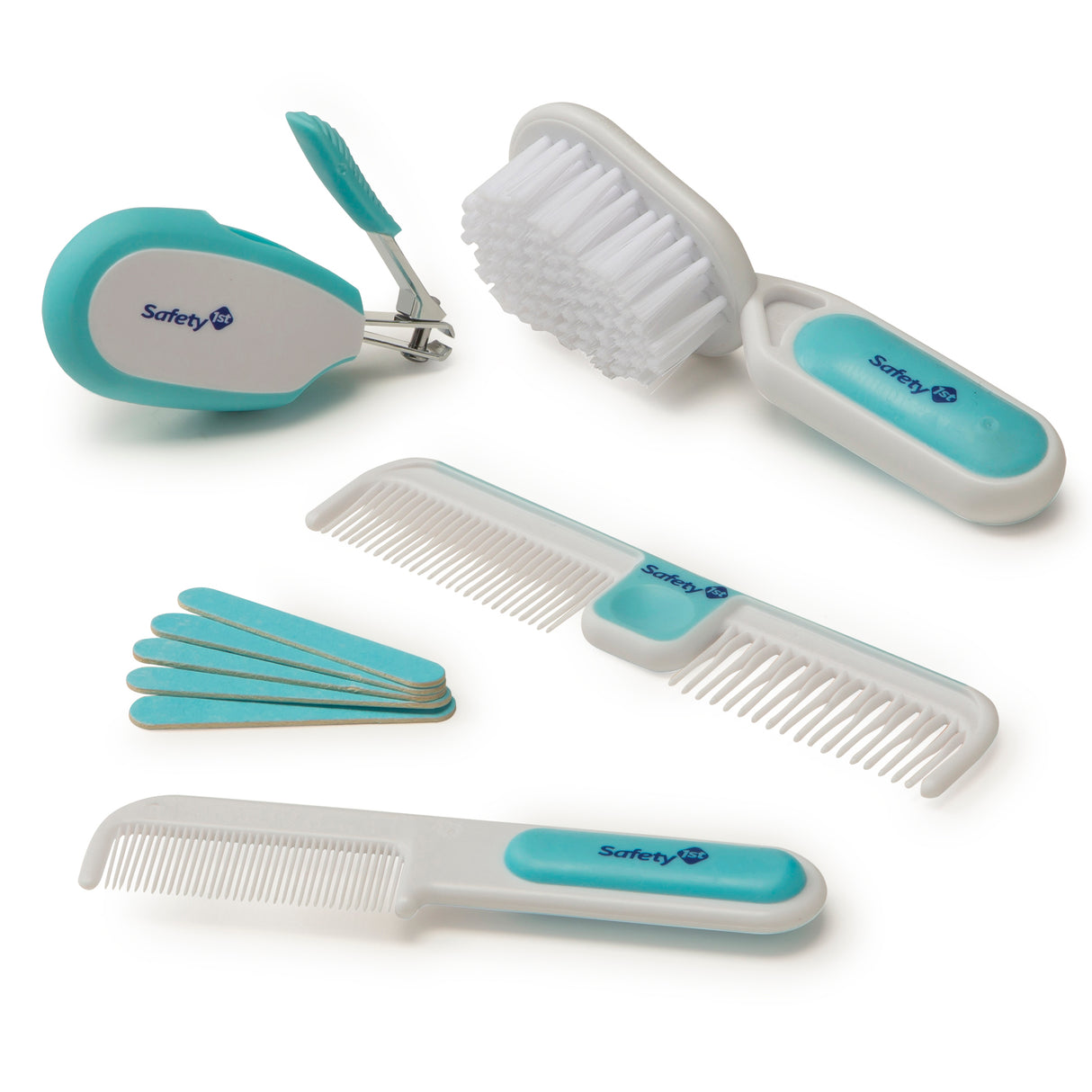 Set of baby grooming tools including a comb, brush, and nail clipper with Safety 1st branding on a white background.