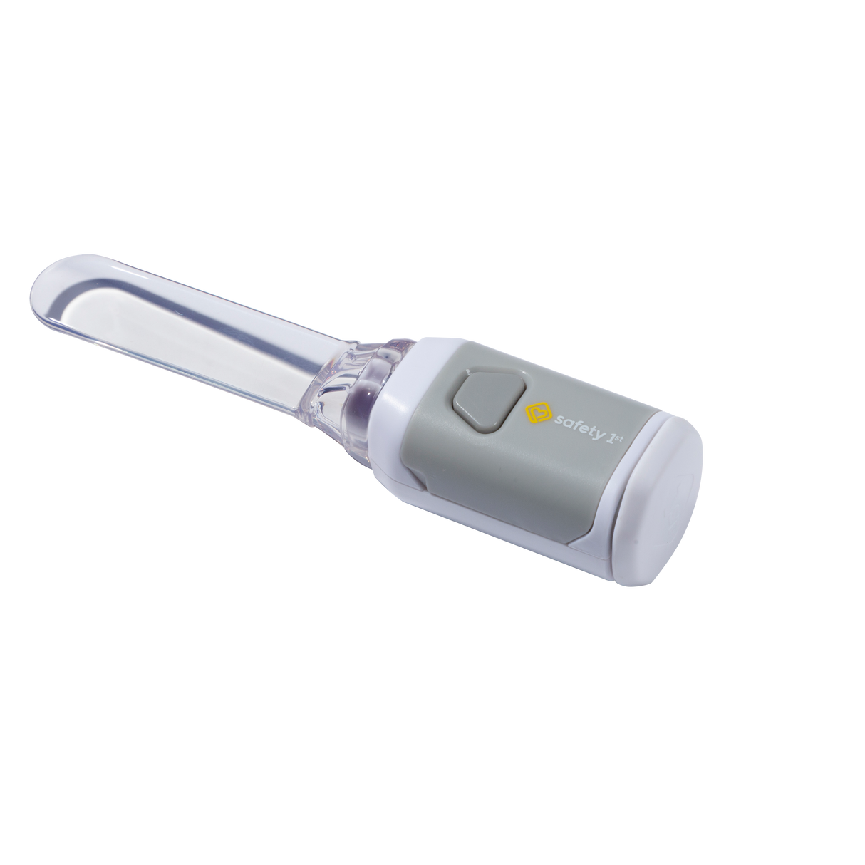 Handheld tongue depressor with a clear plastic component on a white background