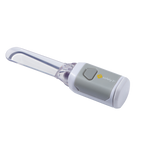 Handheld tongue depressor with a clear plastic component on a white background