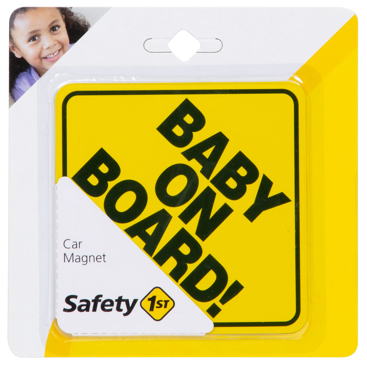Safety 1st baby on board car magnet in packaging with a child's photo.