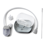 Nasal suction device with hose, nozzle, and cleaning brush on a white background