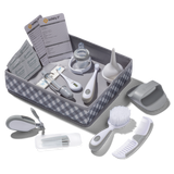 Baby care product set with various items in a checkered box on a white background