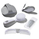 Set of grooming tools including a comb, brush, and other accessories on a white background