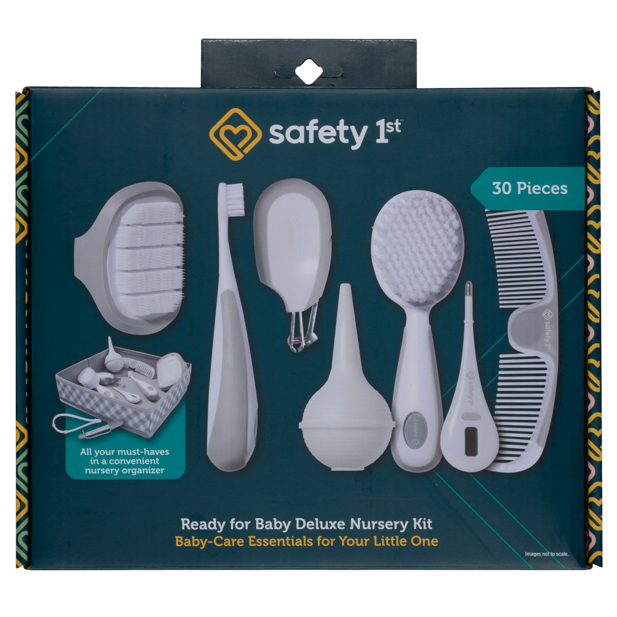 Safety 1st baby care essentials set packaging with tools and comb on a dark blue background