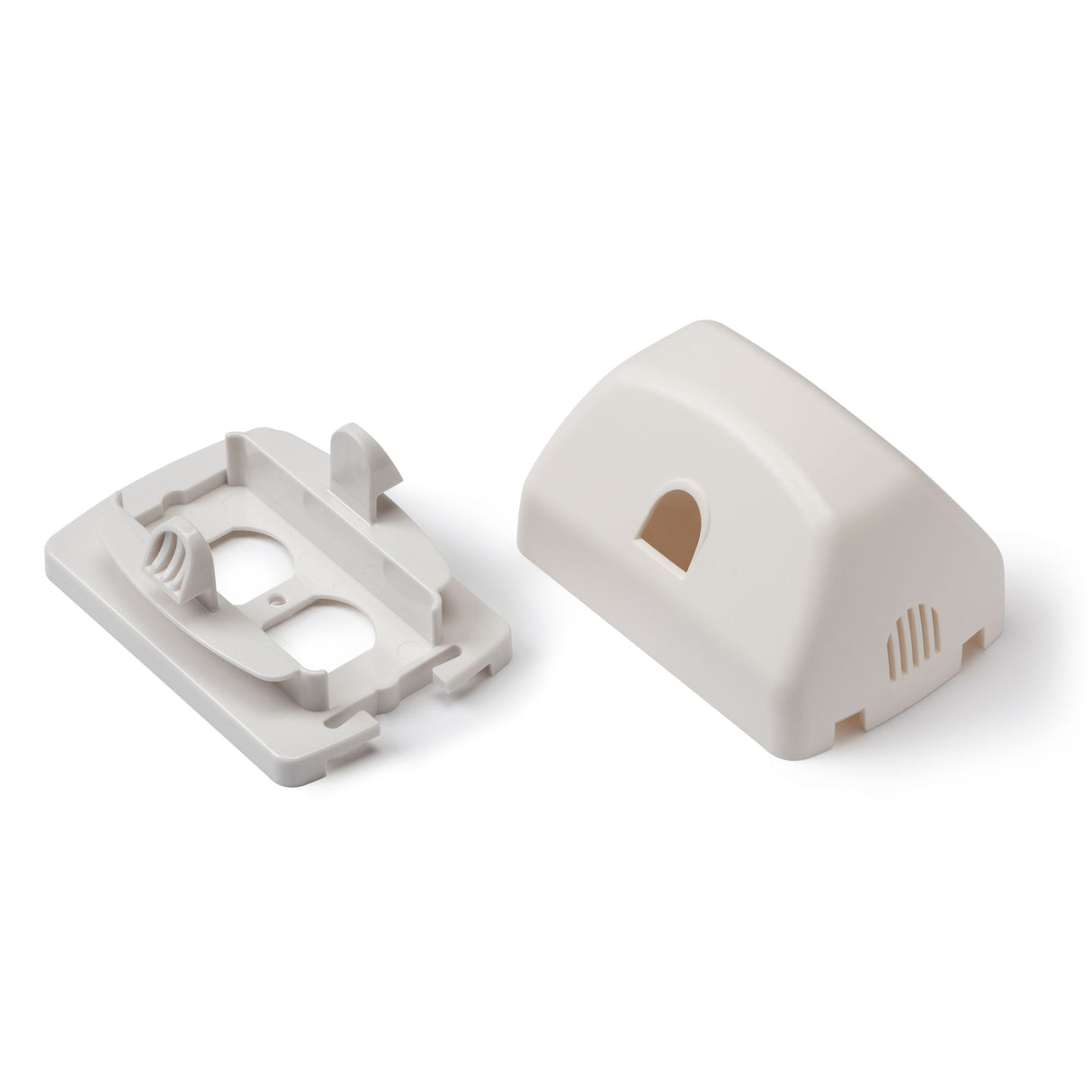 Two white plastic components on a white background