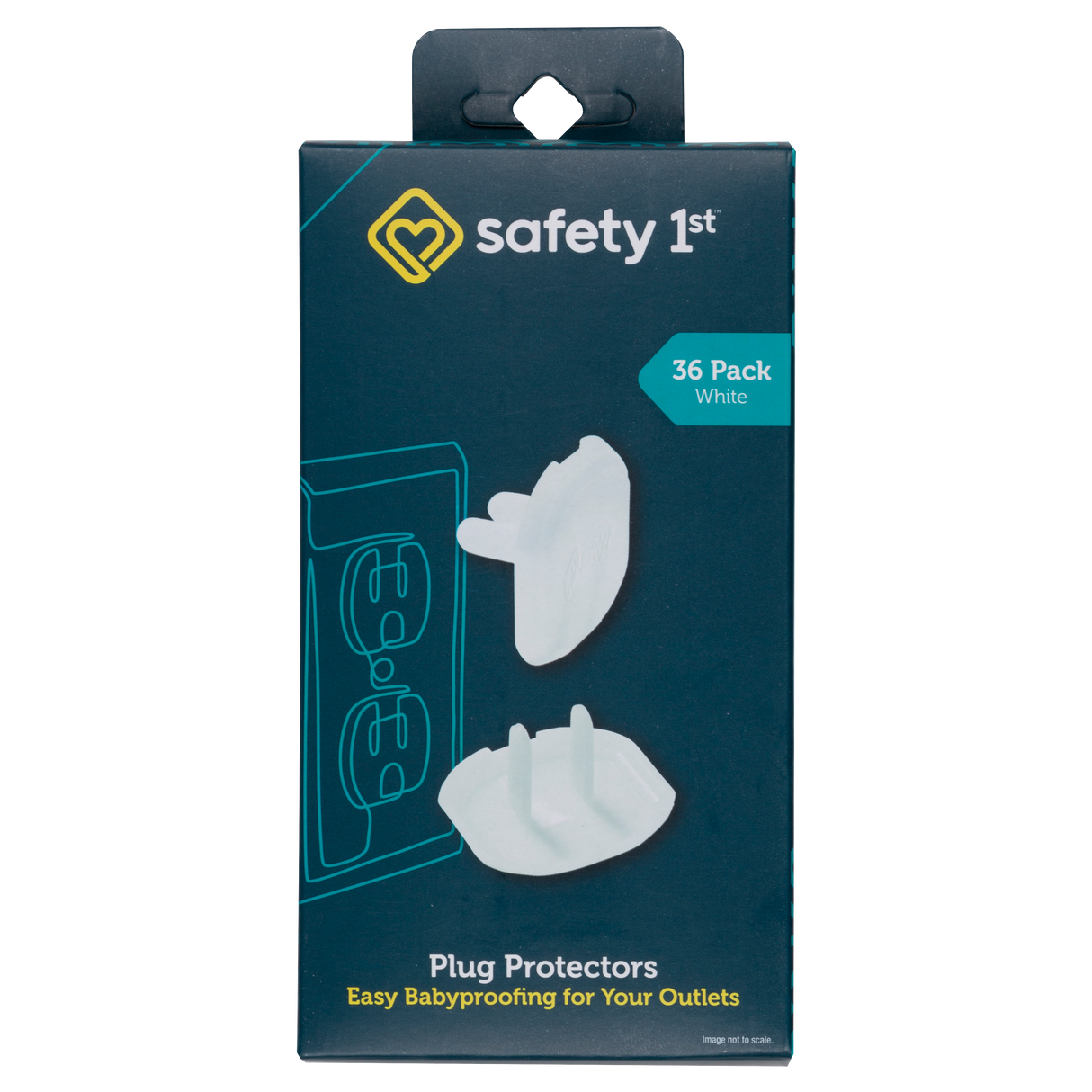 Packaging of Safety 1st plug protectors with illustrations on a white background