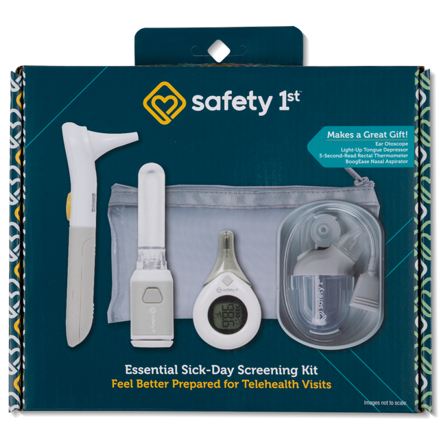 Safety 1st Essential Sick-Day Screening Kit packaging with medical devices on a blue background