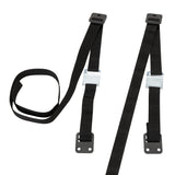 Two black straps with metal brackets on a white background