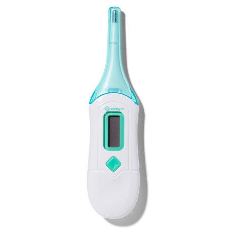 Digital thermometer with a white and light blue design on a white background
