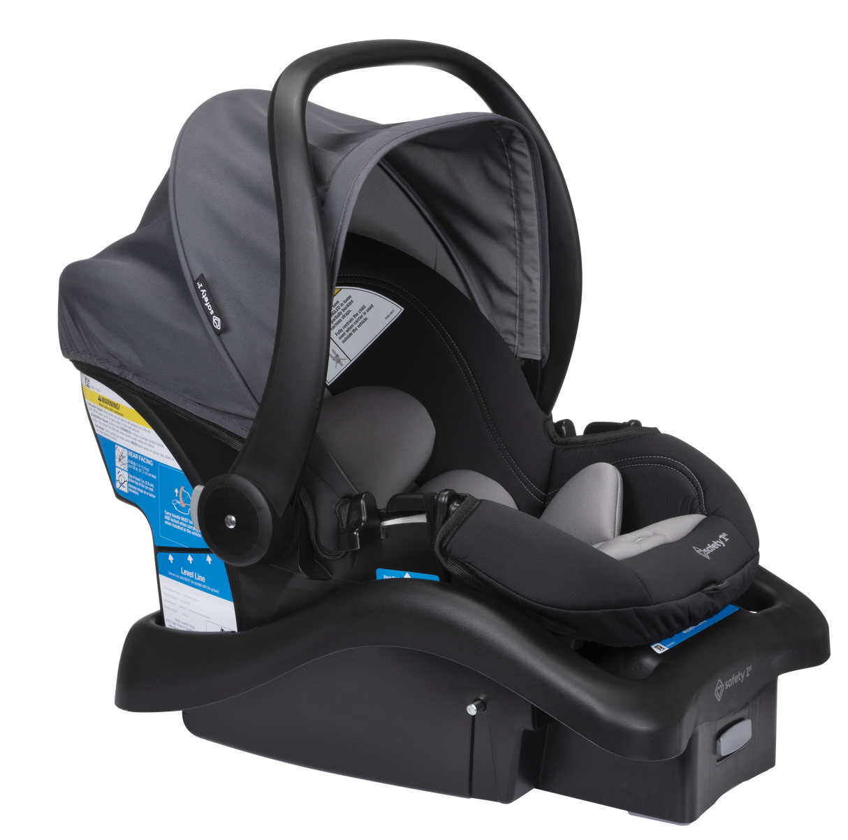 Baby car seat with gray cover and black base on a white background