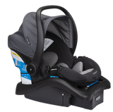 Baby car seat with gray cover and black base on a white background