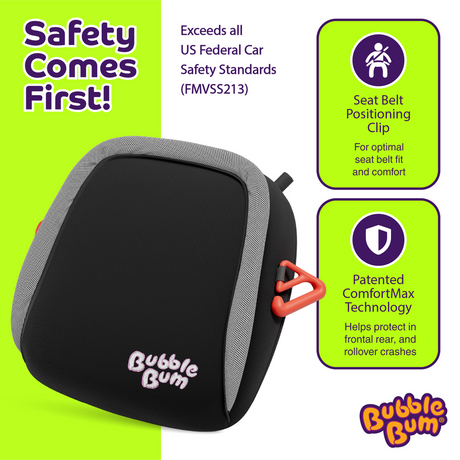 Bubble Bum car seat safety product with features highlighted on a green background