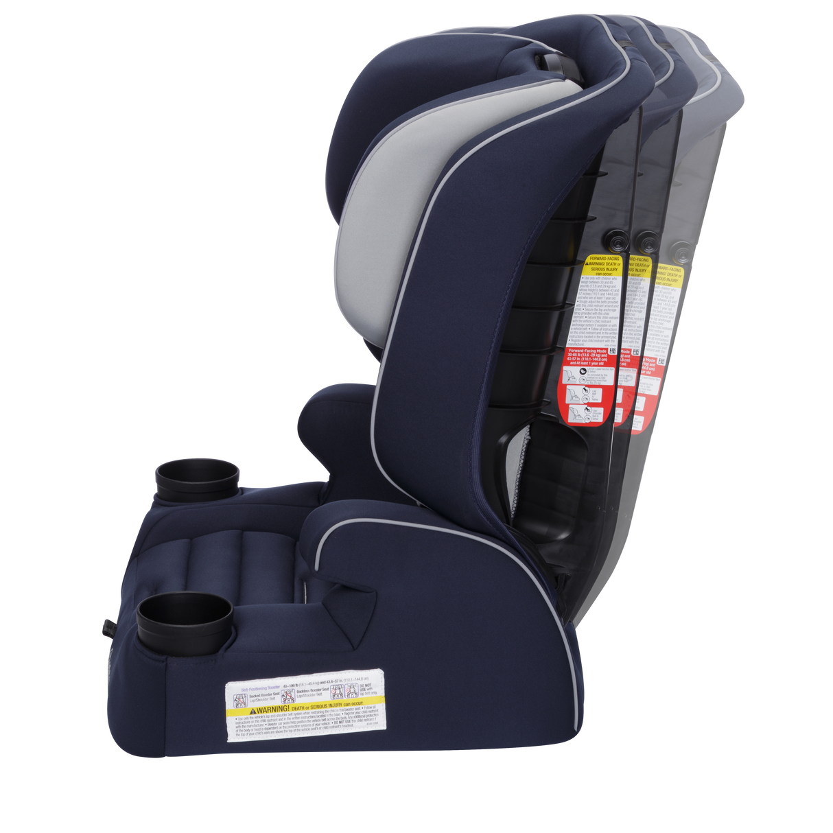 Navy blue and gray car seat with cup holders on a white background