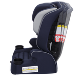 Navy blue and gray car seat with cup holders on a white background