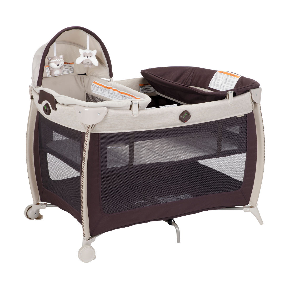 Portable baby crib with wheels on a white background