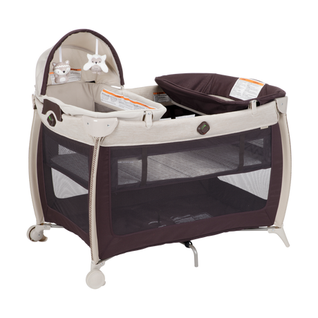 Portable baby crib with wheels on a white background